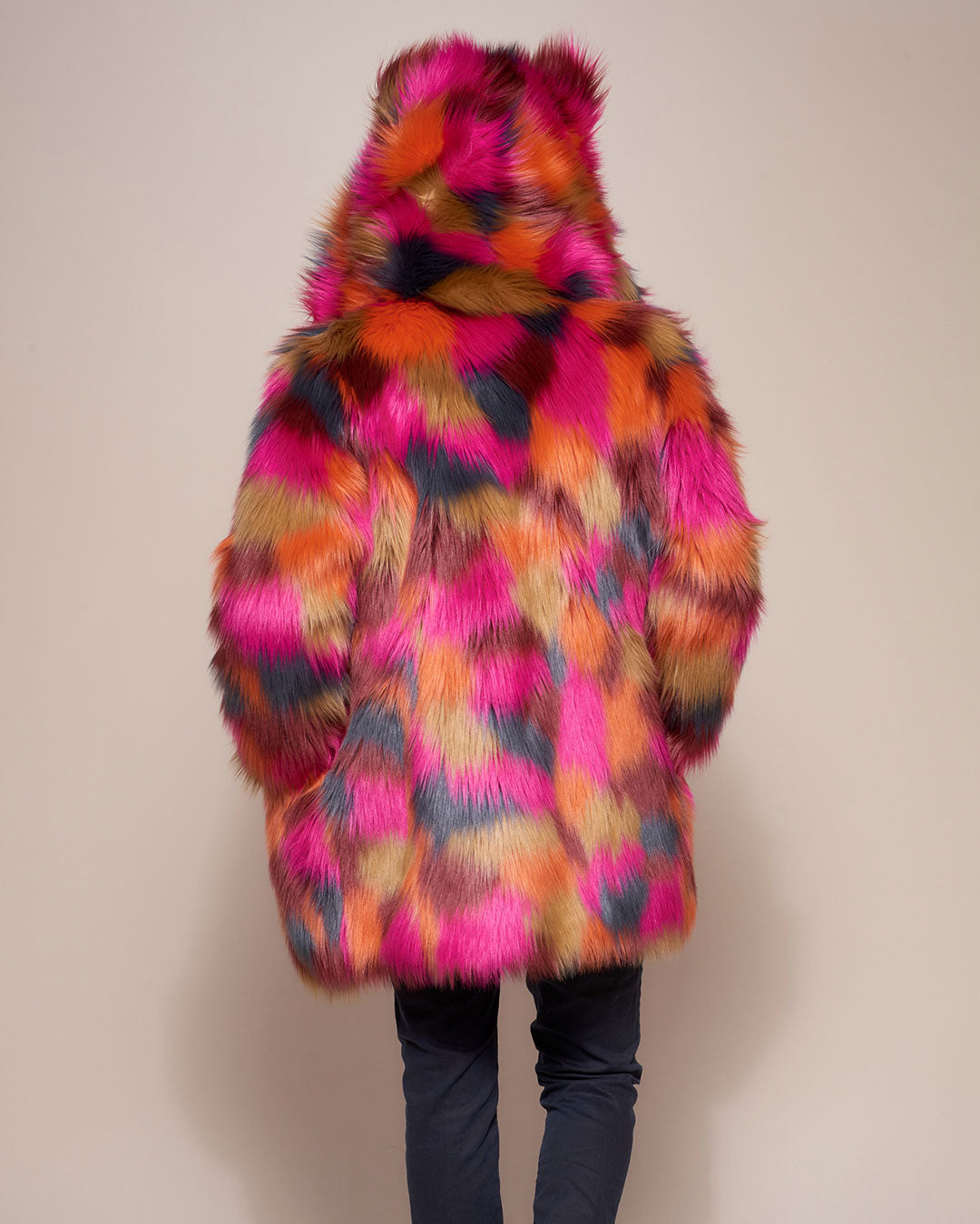 Man wearing Calico Leopard Classic Faux Fur Coat, back view