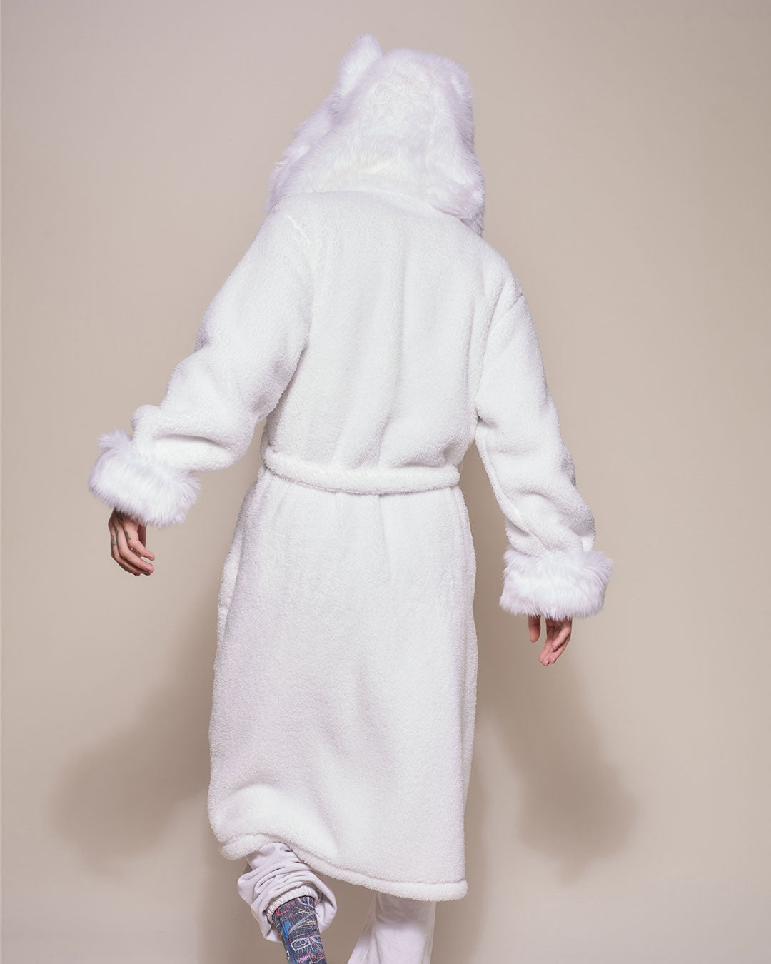 Man wearing Arctic Wolf Classic Faux Fur Robe, back view
