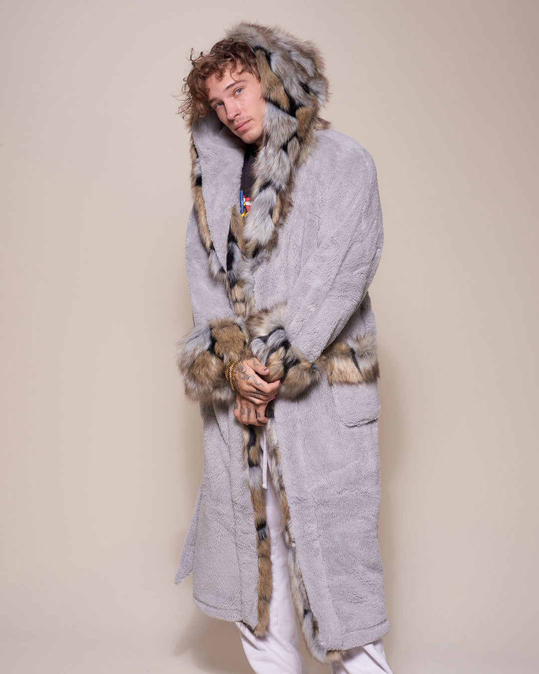 Man wearing Hooded Wolverine Faux Fur House Robe, side view 1