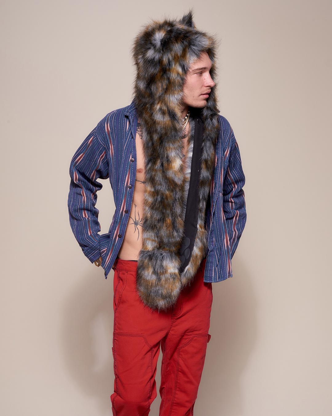 Man wearing Brindle Wolf Collector Edition Faux Fur Hood, side view 2
