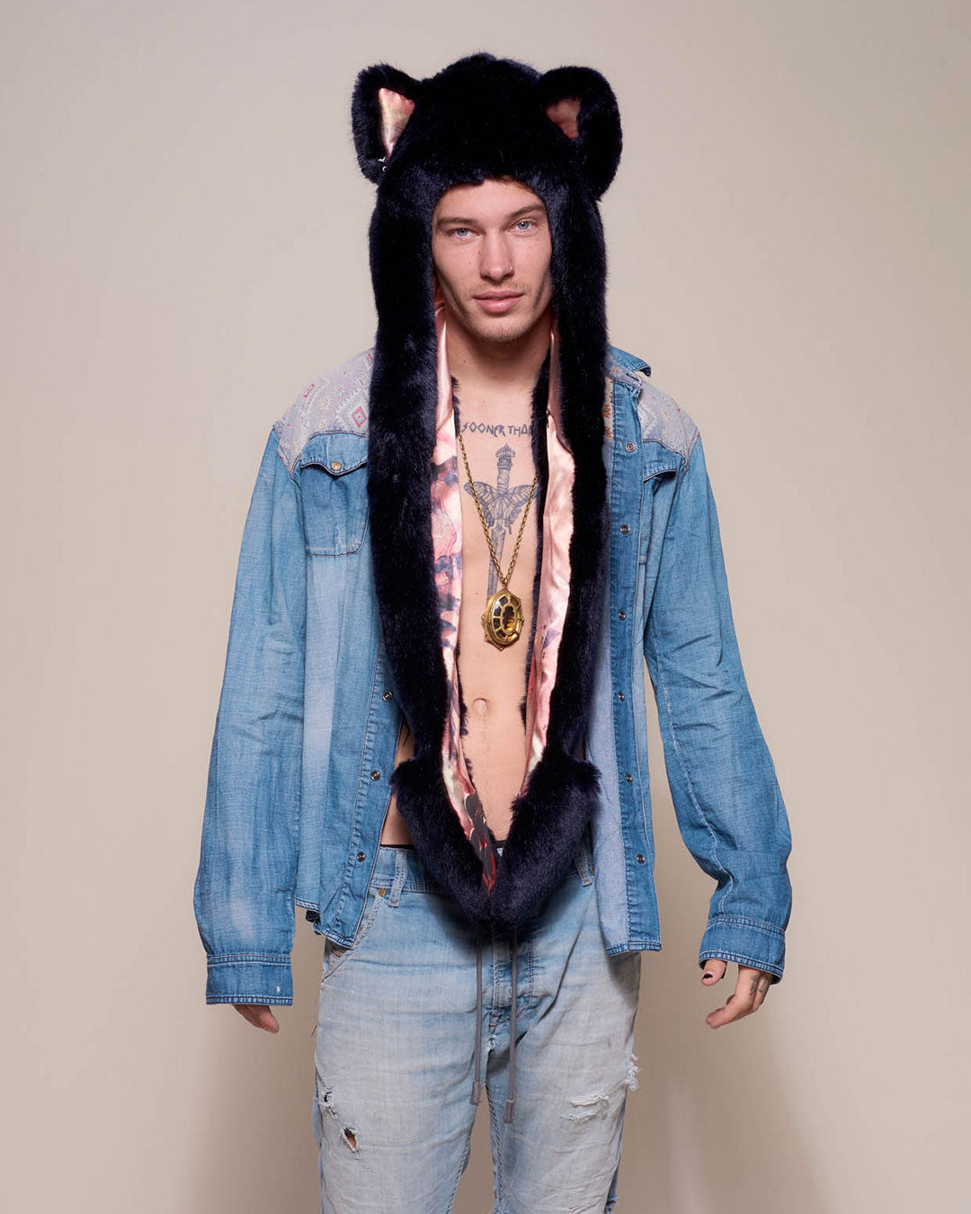 Man wearing Indigo Wolf Luxe Collector Edition Faux Fur Hood, front view 4