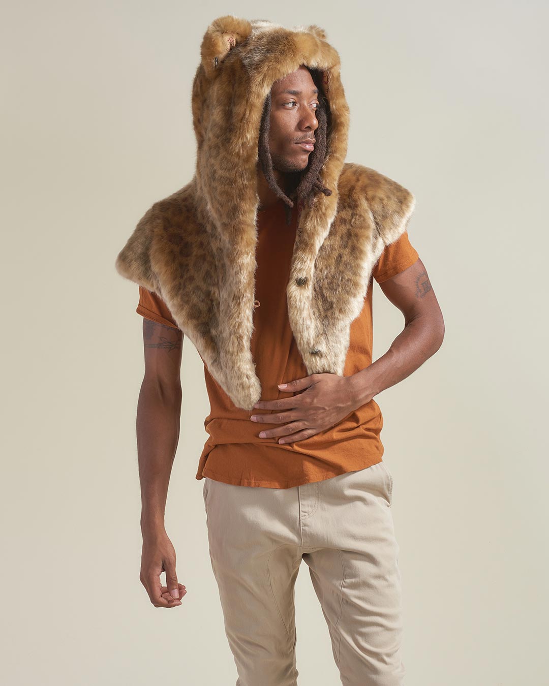 African Golden Cat Faux Fur Luxe Collector Edition Shawl with Ears on Man