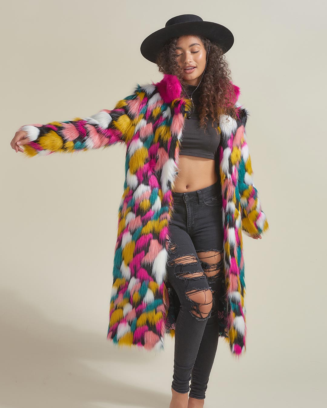 Rainbow Butterfly Calf Length Faux Fur Coat | Women&#39;s - SpiritHoods
