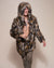 Man wearing Brindle Wolf Hooded Faux Fur Coat, front view 2