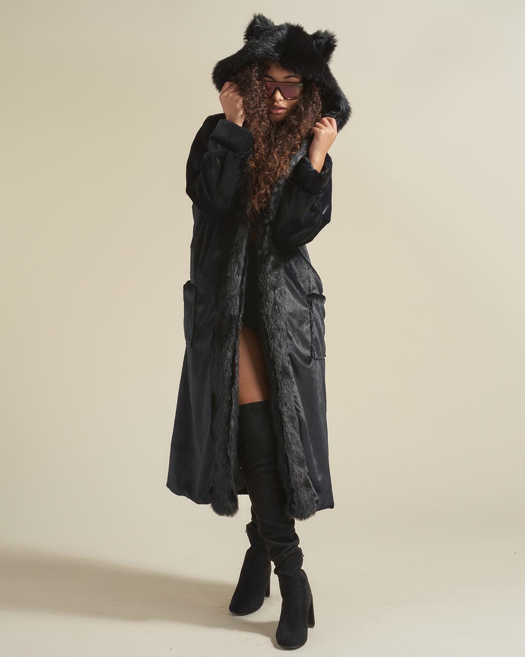 Woman Wearing Black Panther Classic Faux Fur Style Robe