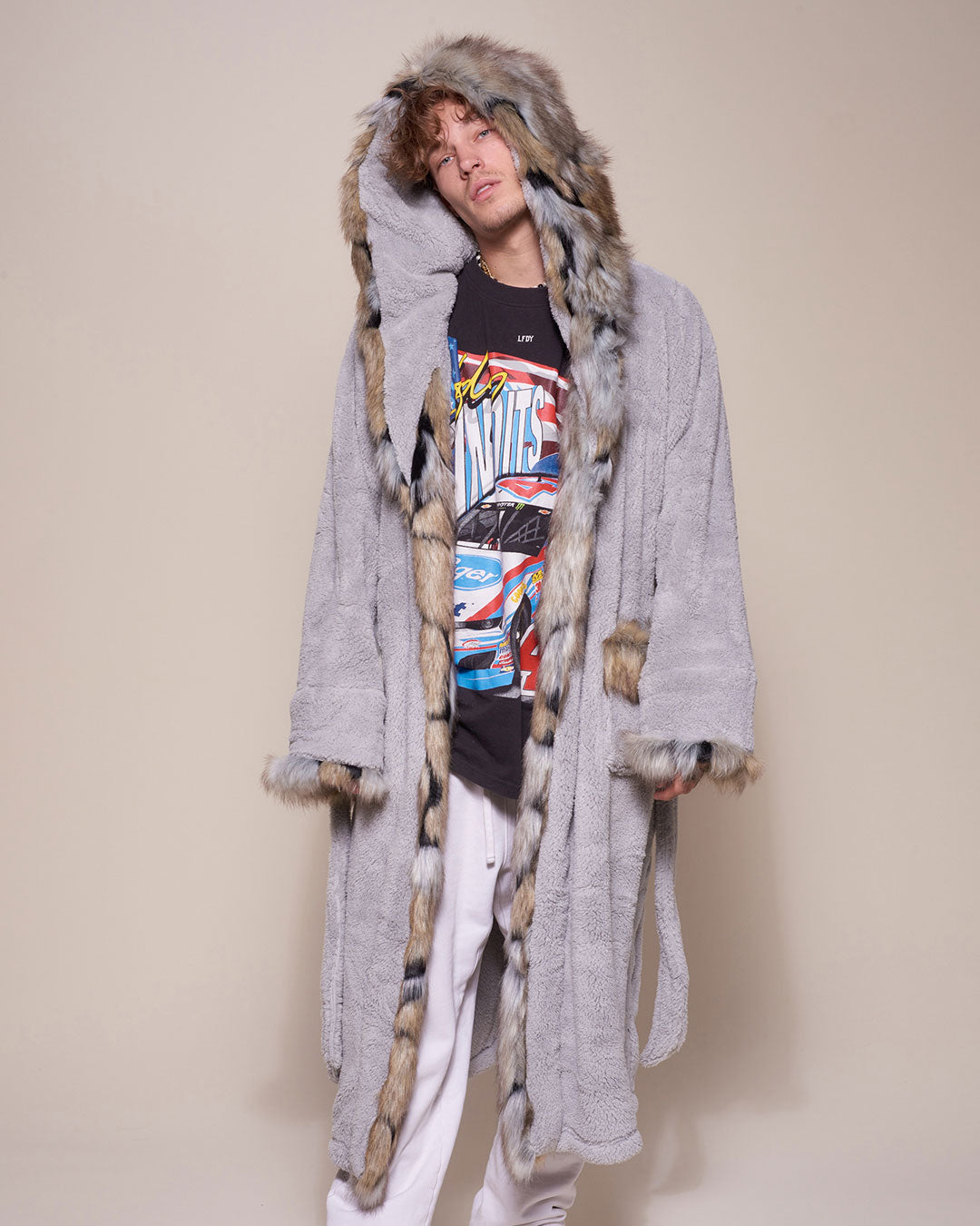 Man wearing Hooded Wolverine Faux Fur House Robe, front view