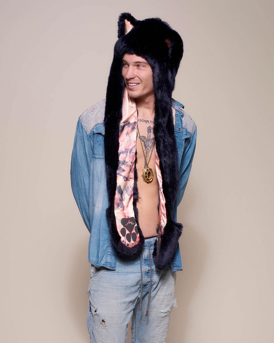 Man wearing Indigo Wolf Luxe Collector Edition Faux Fur Hood