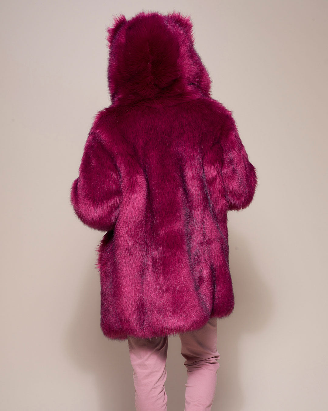 Man wearing Love Wolf Luxe Classic Faux Fur Coat, back view 1