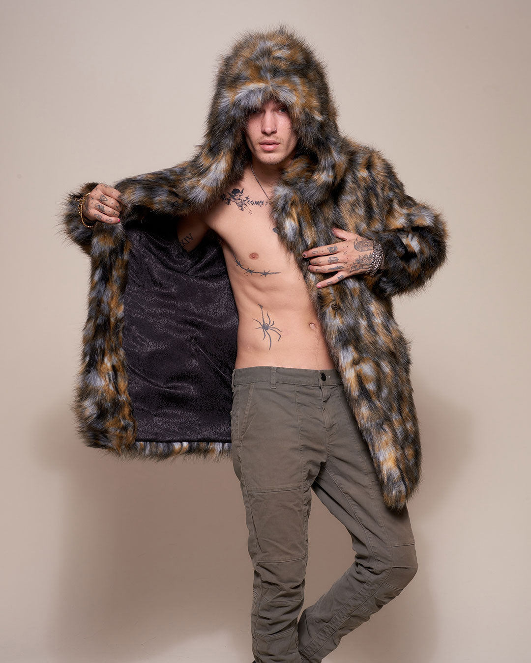 Man wearing Brindle Wolf Hooded Faux Fur Coat, front view 4