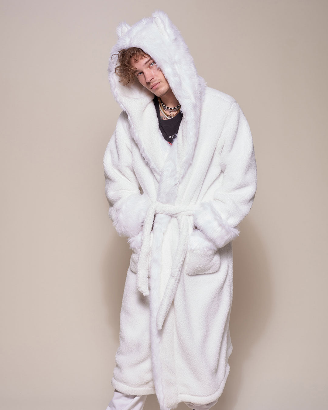 Man wearing Arctic Wolf Classic Faux Fur Robe, front view 4