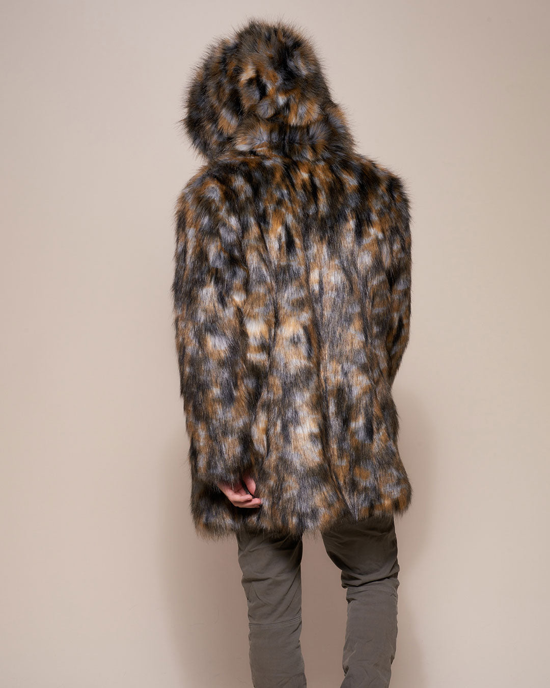 Man wearing Brindle Wolf Hooded Faux Fur Coat, back view
