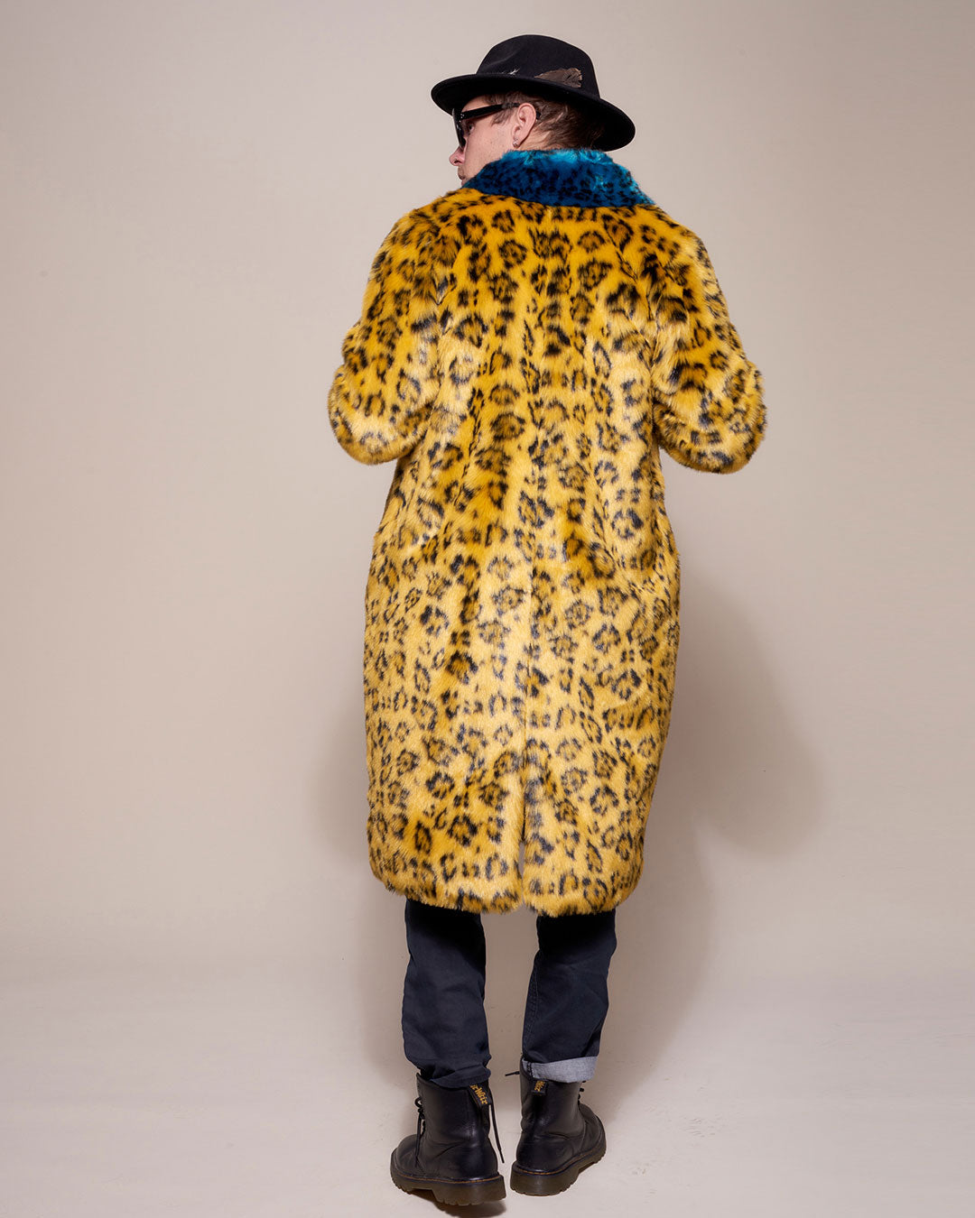 Collared Faux Fur Coat with Yellow Cheetah Design