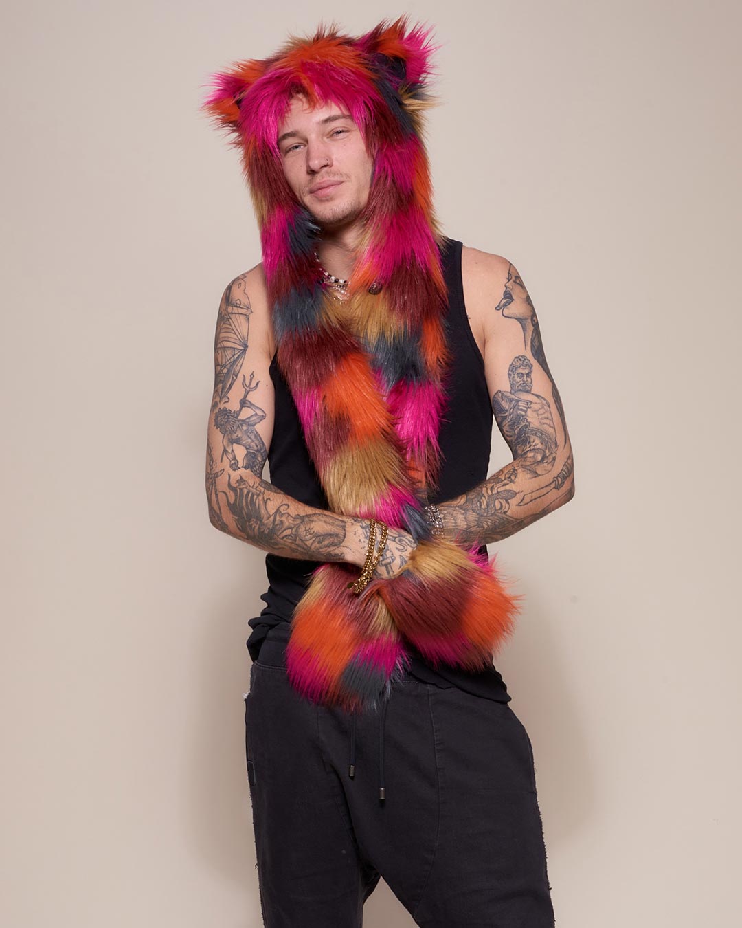 Man wearing faux fur Calico Leopard Collector Edition SpiritHood, front view 1