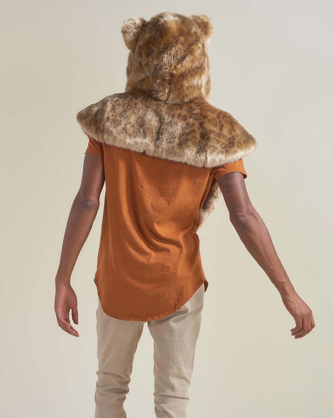 Man Wearing Hooded African Golden Cat Luxe Faux Fur Shawl Back View