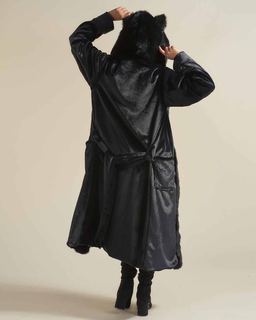 Back View of Black Panther Classic Faux Fur Style Robe on Female Model