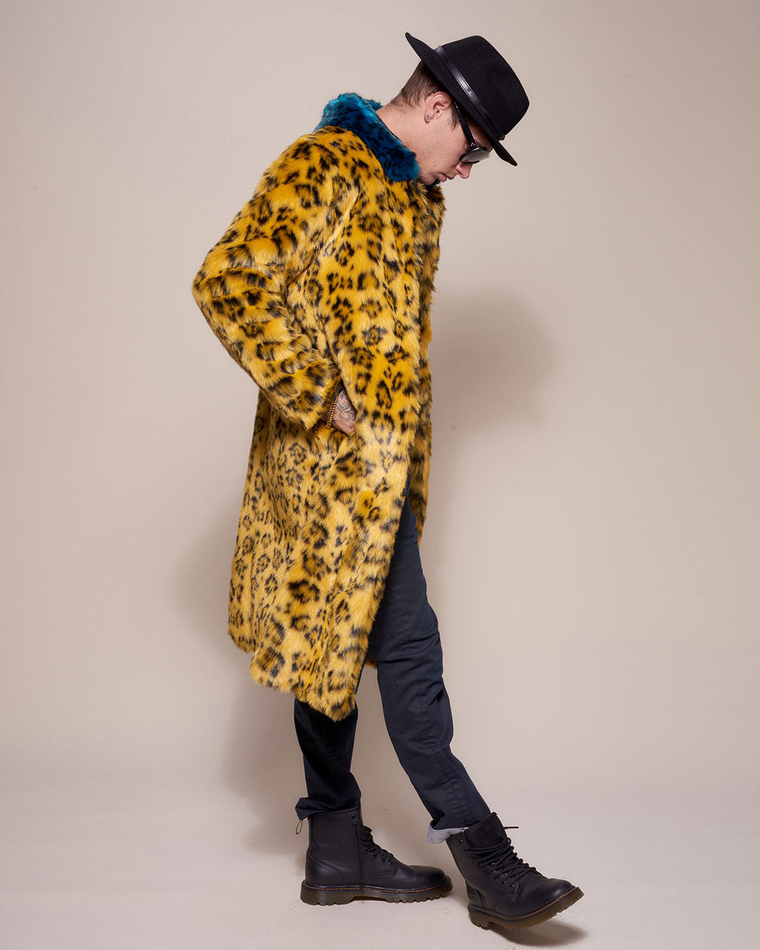 Yellow Cheetah Calf Length Faux Fur Coat with Collar
