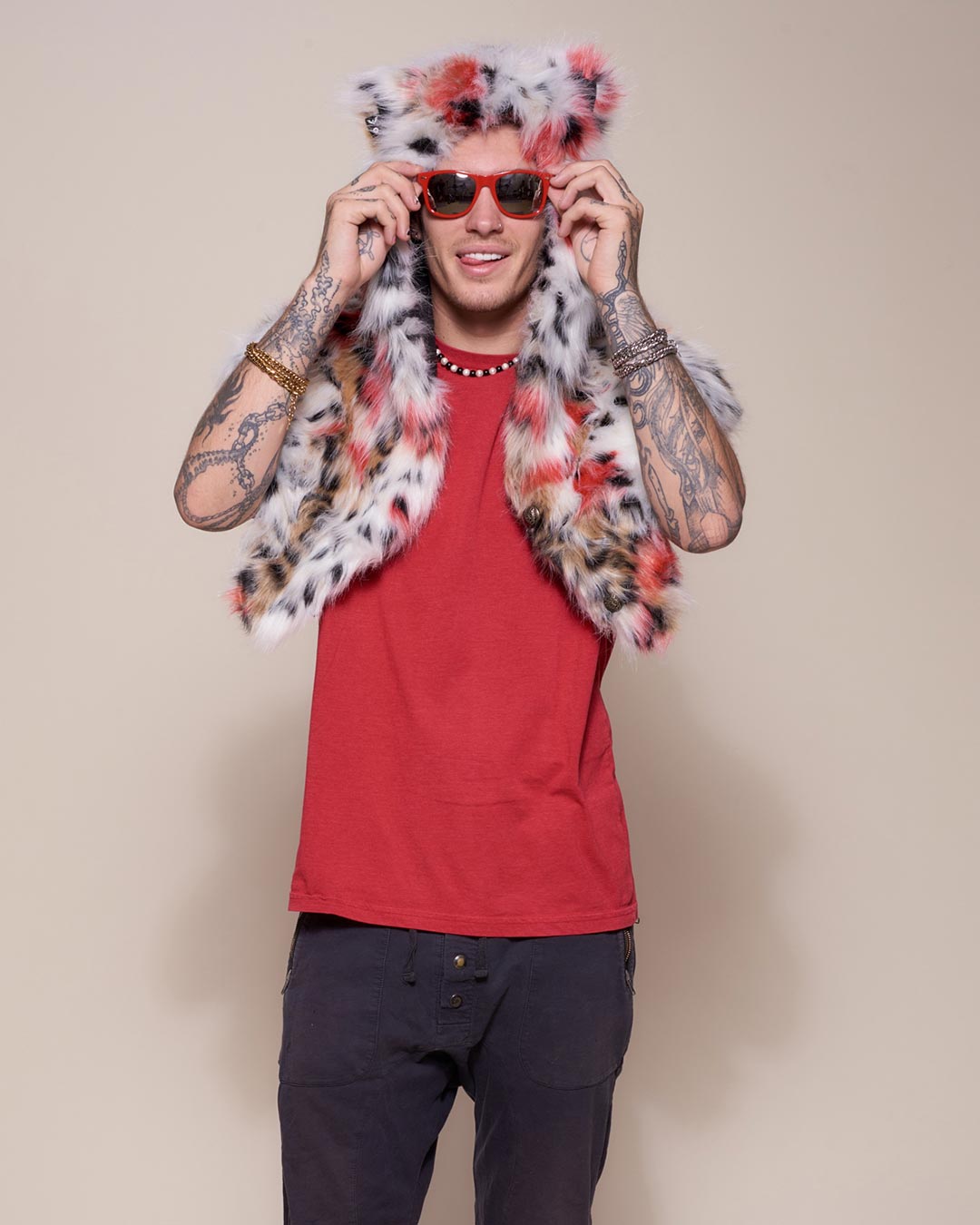 Red, Black, and White Strawberry Leopard Collector Edition Shawl on Male 