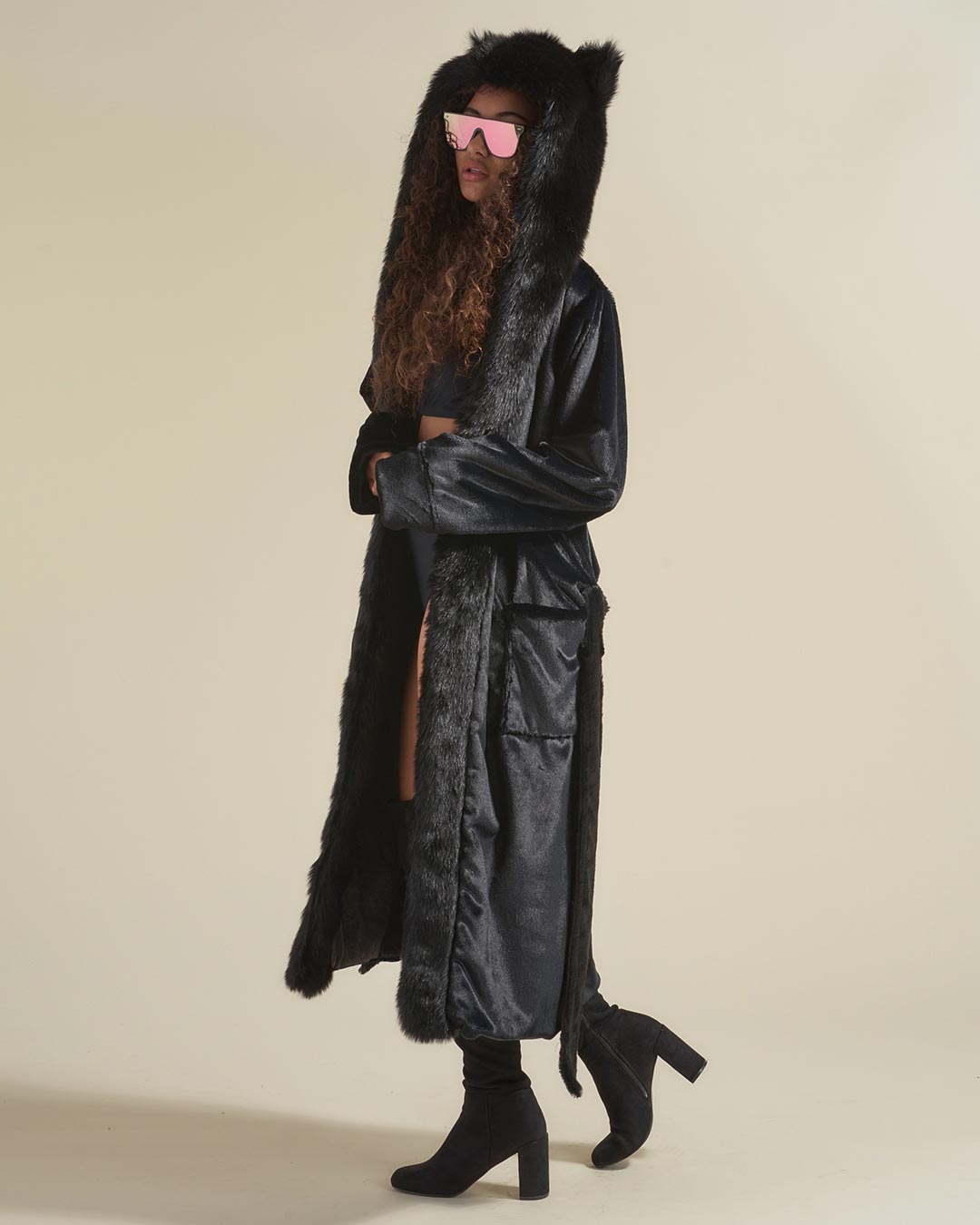 Black Panther Classic Faux Fur Style Robe on Female Model