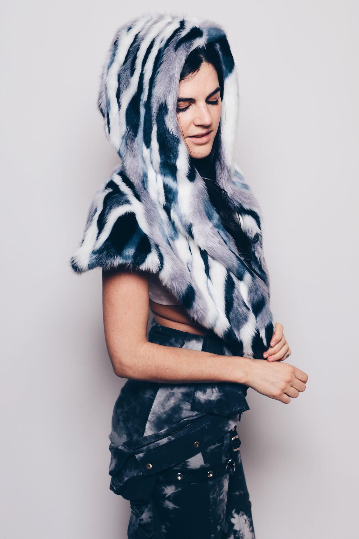 Limited Edition Winter Blue Jay Faux Fur Shawl on Female