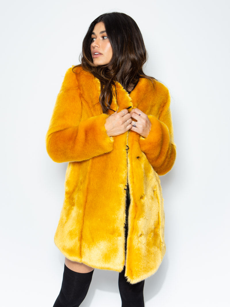 V-Neck Golden Wolf Faux Fur Coat on Female Model