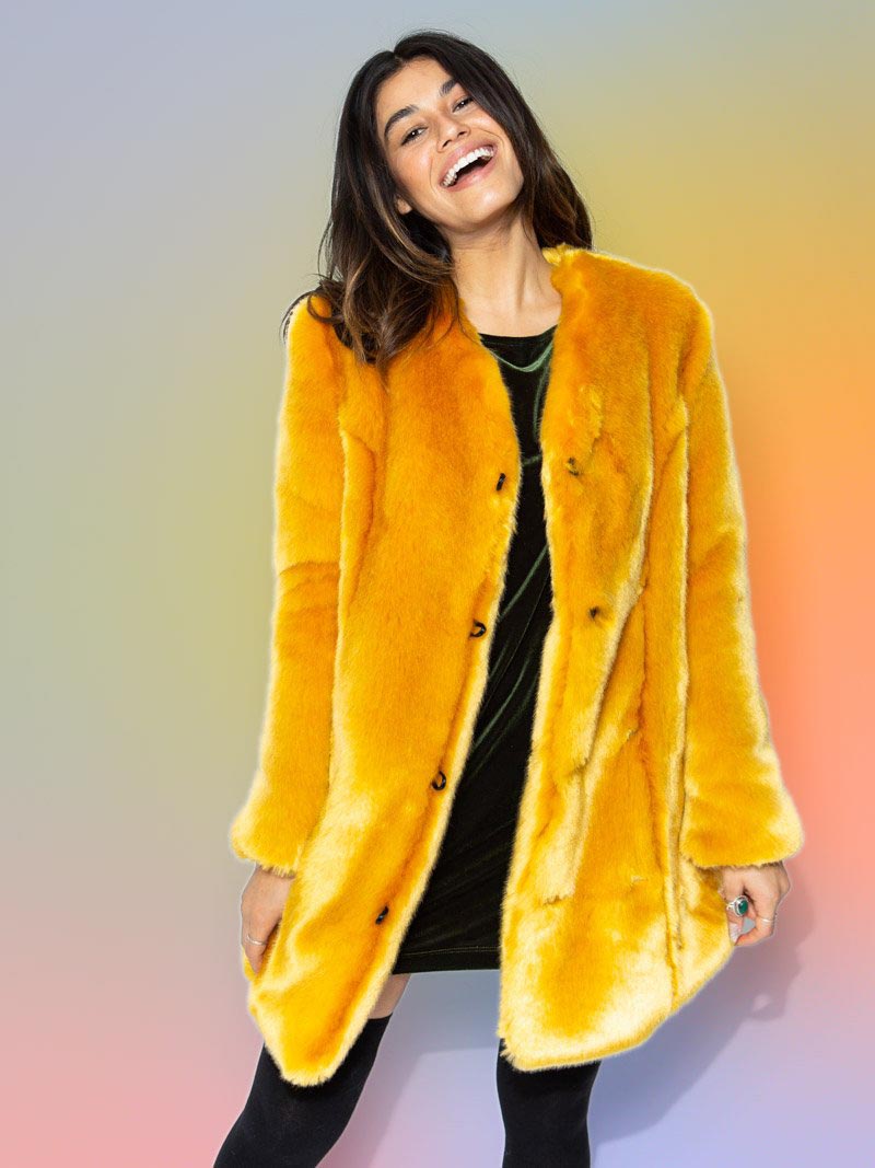 Yellow Golden Wolf V-Neck Luxe Faux Fur Coat on Female