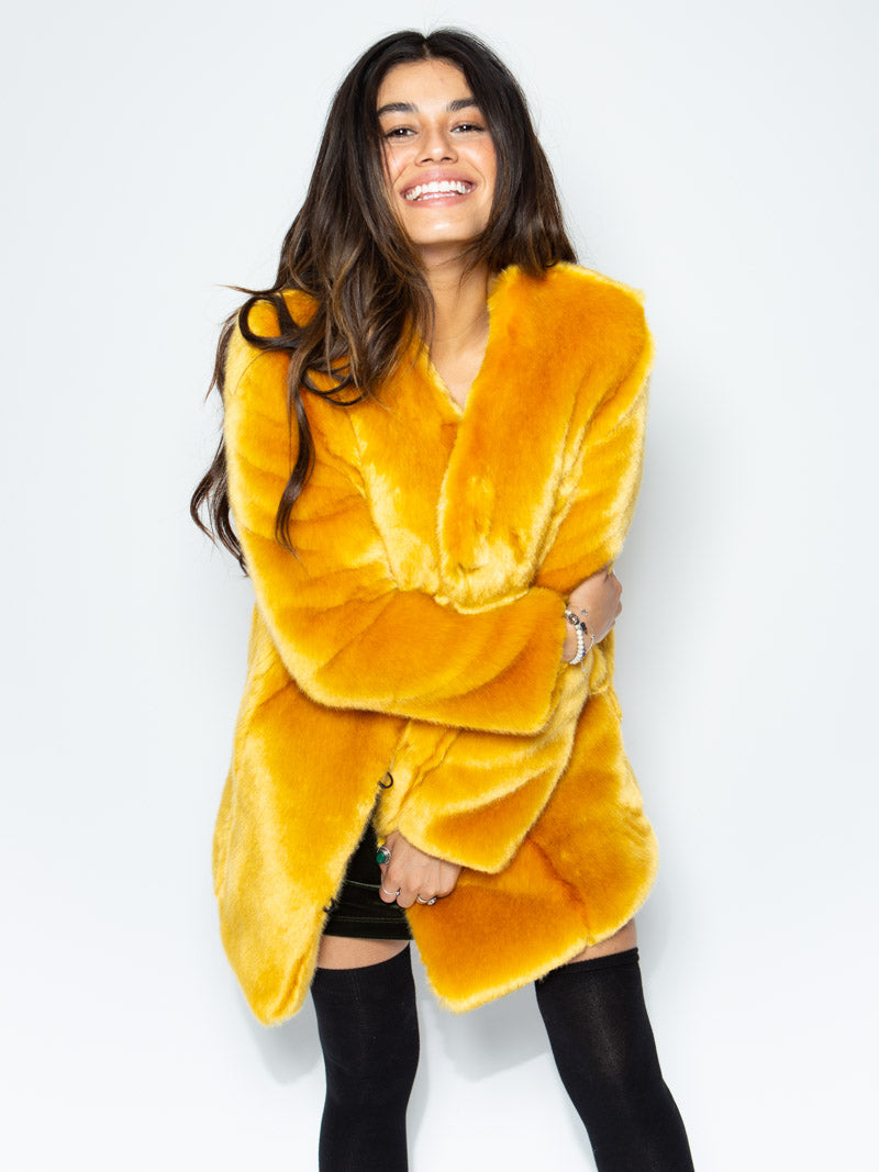 Woman Wearing Golden Wolf V-Neck Luxe Faux Fur Coat 