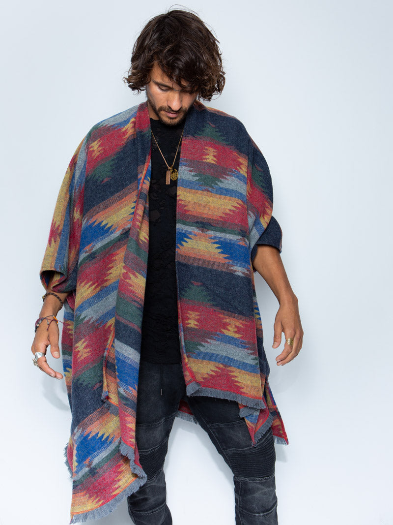Man wearing Dire Wolf Fabric Poncho, front view 2