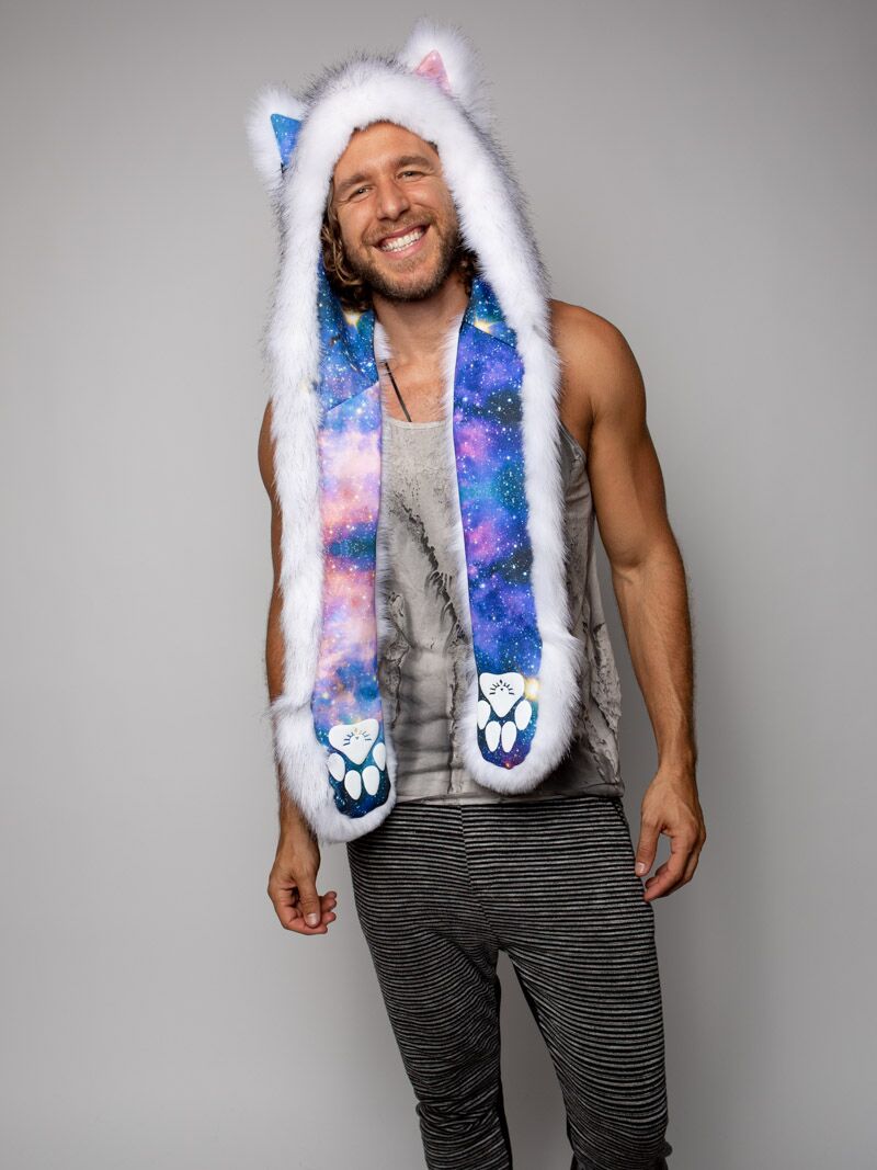 Man wearing faux fur Collector Edition Husky Galaxy SpiritHood, front view 2