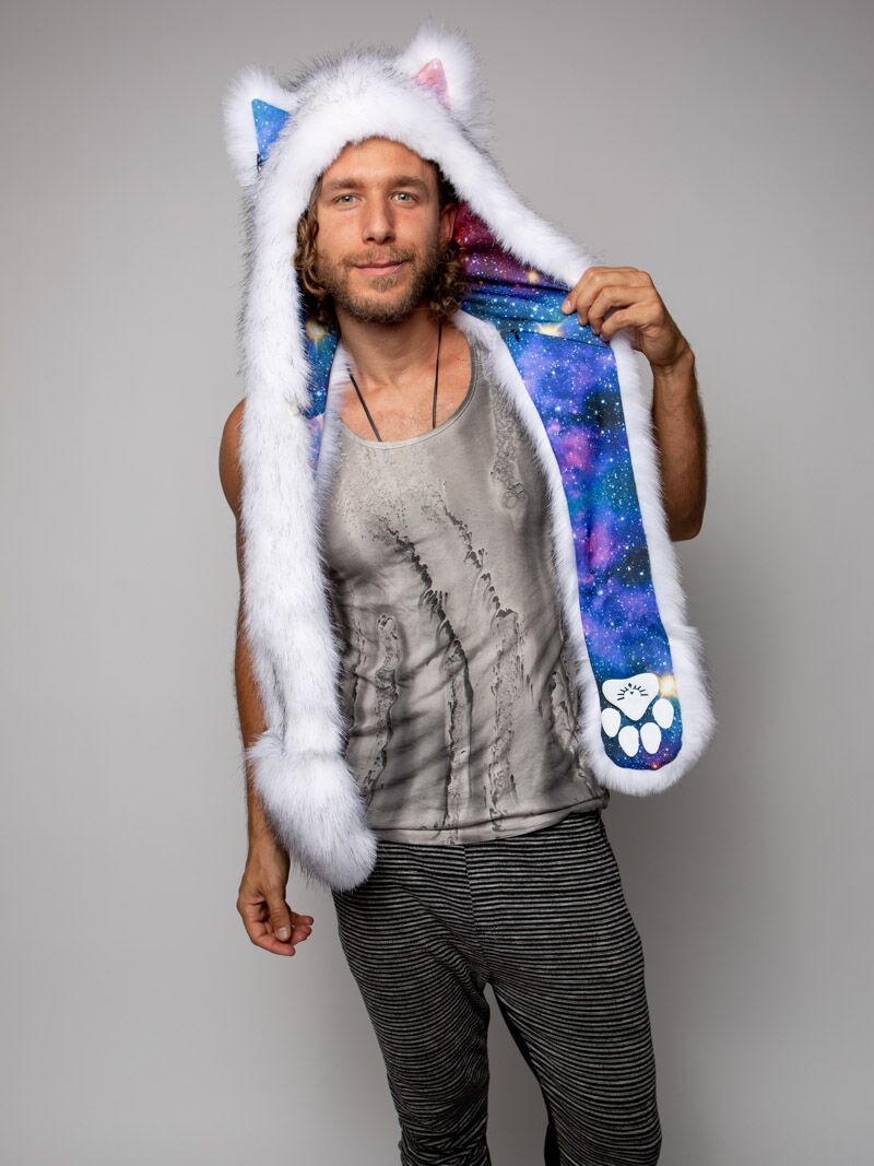 Man wearing faux fur Collector Edition Husky Galaxy SpiritHood, front view 1