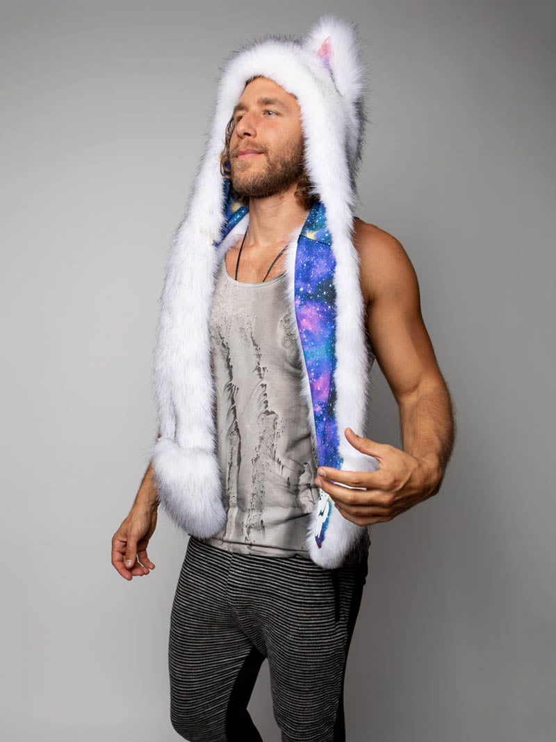 Man wearing faux fur Collector Edition Husky Galaxy SpiritHood, side view 1