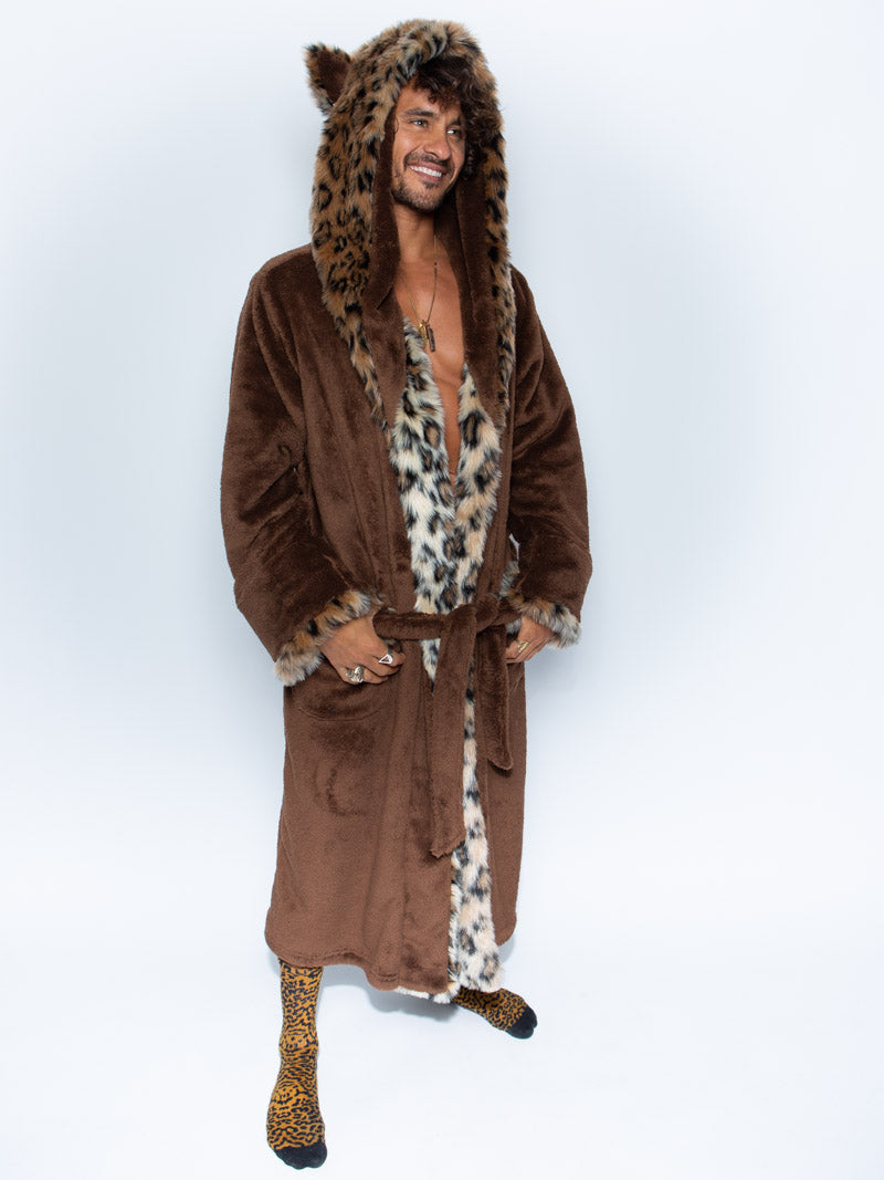 Man wearing Classic Leopard Faux Fur House Robe, side view