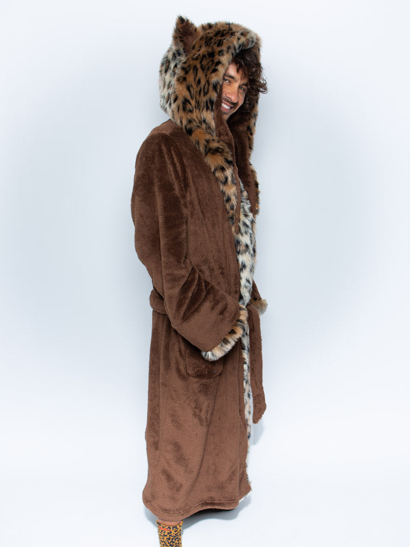 Man wearing Classic Leopard Faux Fur House Robe, side view 2
