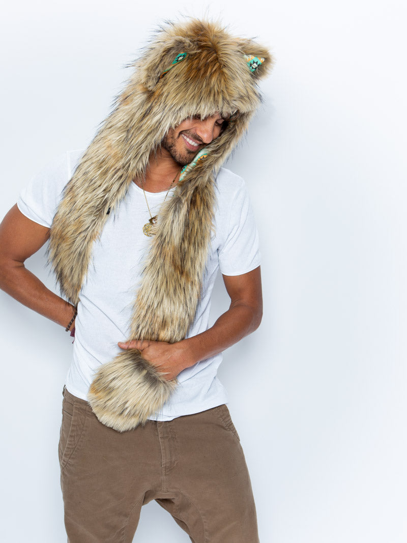 Man wearing faux fur Segera Wolf Collector Edition SpiritHood, side view 1