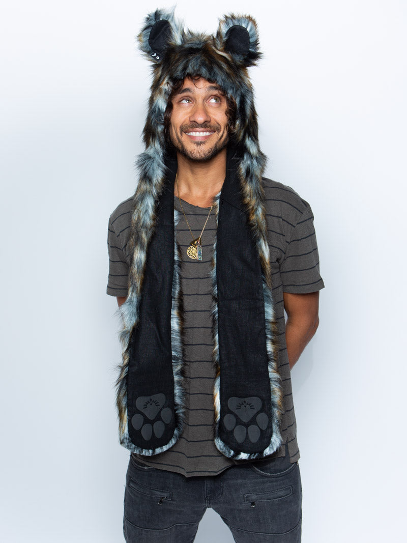 Man wearing faux fur African Wild Dog Collector SpiritHood, front view 1
