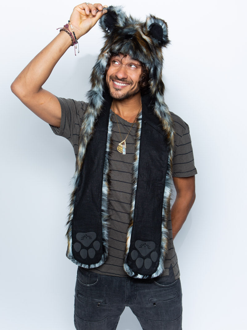 Man wearing faux fur African Wild Dog Collector SpiritHood, front view 3