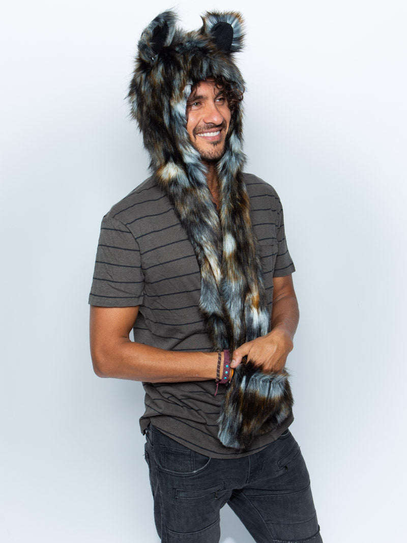 Man wearing faux fur African Wild Dog Collector SpiritHood, side view 1