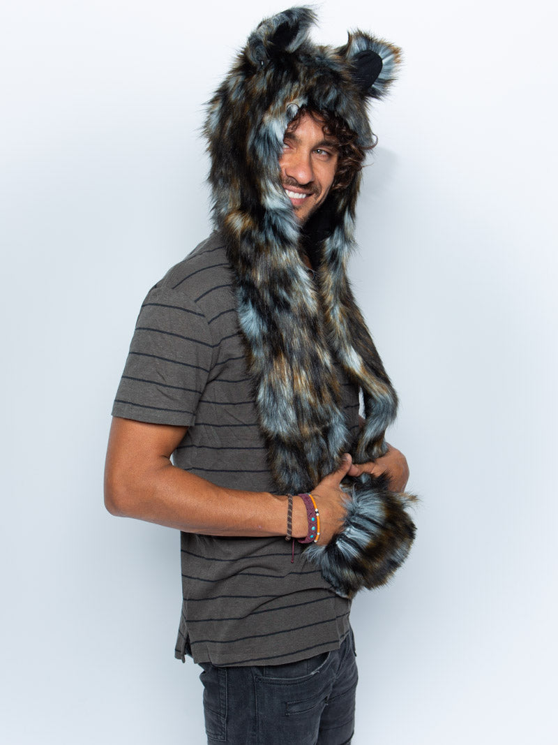 Man wearing faux fur African Wild Dog Collector SpiritHood, side view 2
