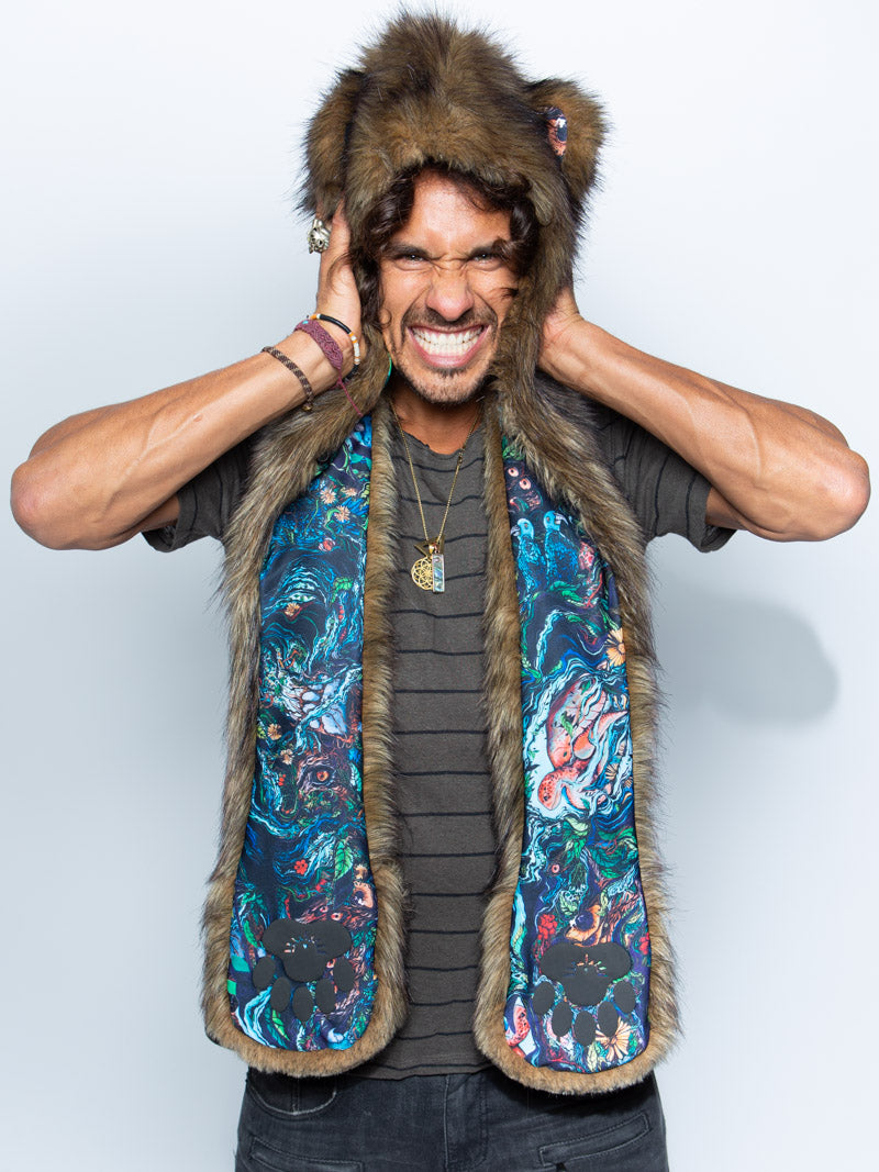 Man wearing faux fur Artist Collab JP Grizzly CE SpiritHood, front view 3