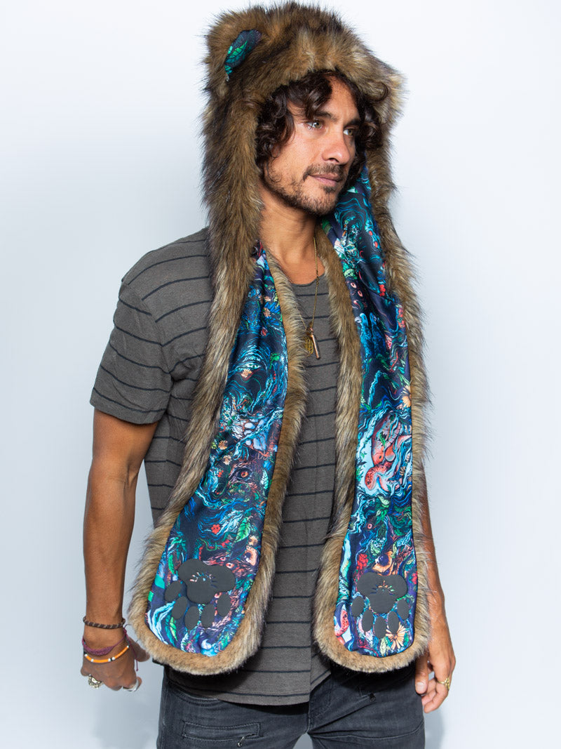 Man wearing faux fur Artist Collab JP Grizzly CE SpiritHood, side view