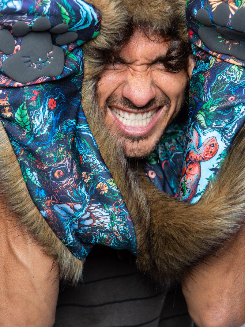 Man wearing faux fur Artist Collab JP Grizzly CE SpiritHood, front view