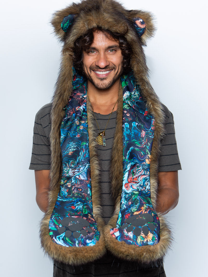 Man wearing faux fur Artist Collab JP Grizzly CE SpiritHood, front view 1