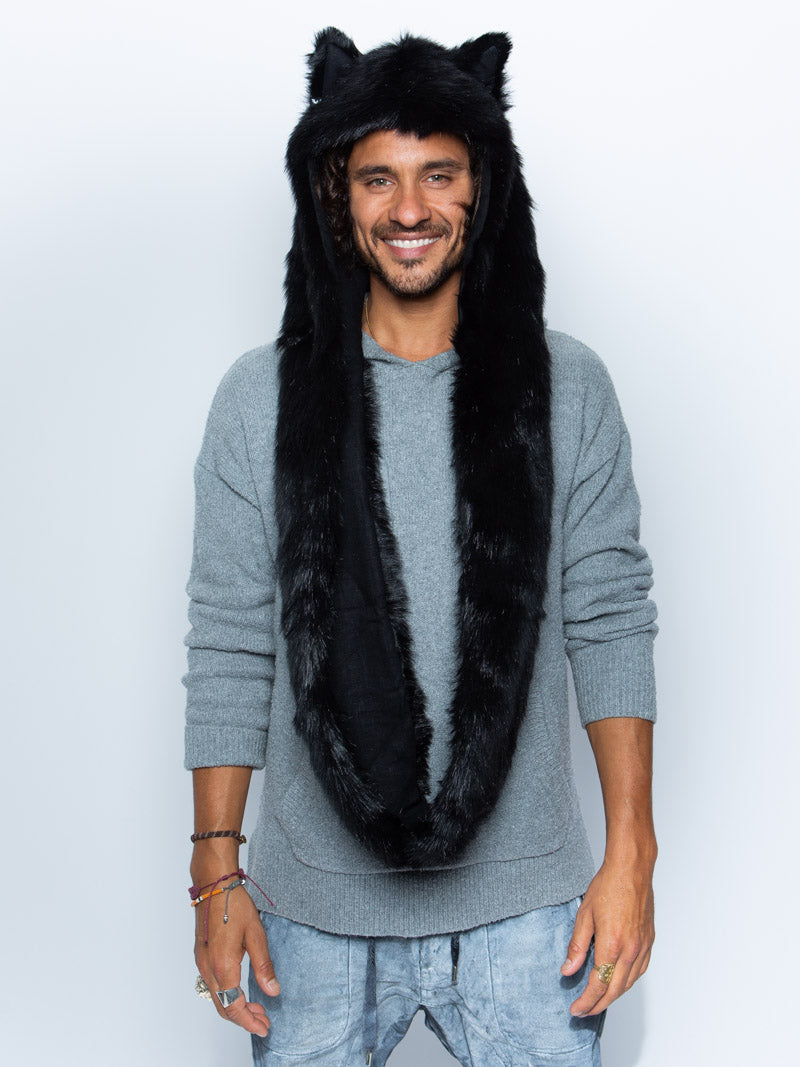Man wearing faux fur Black Wolf Infinity Scarf SpiritHood