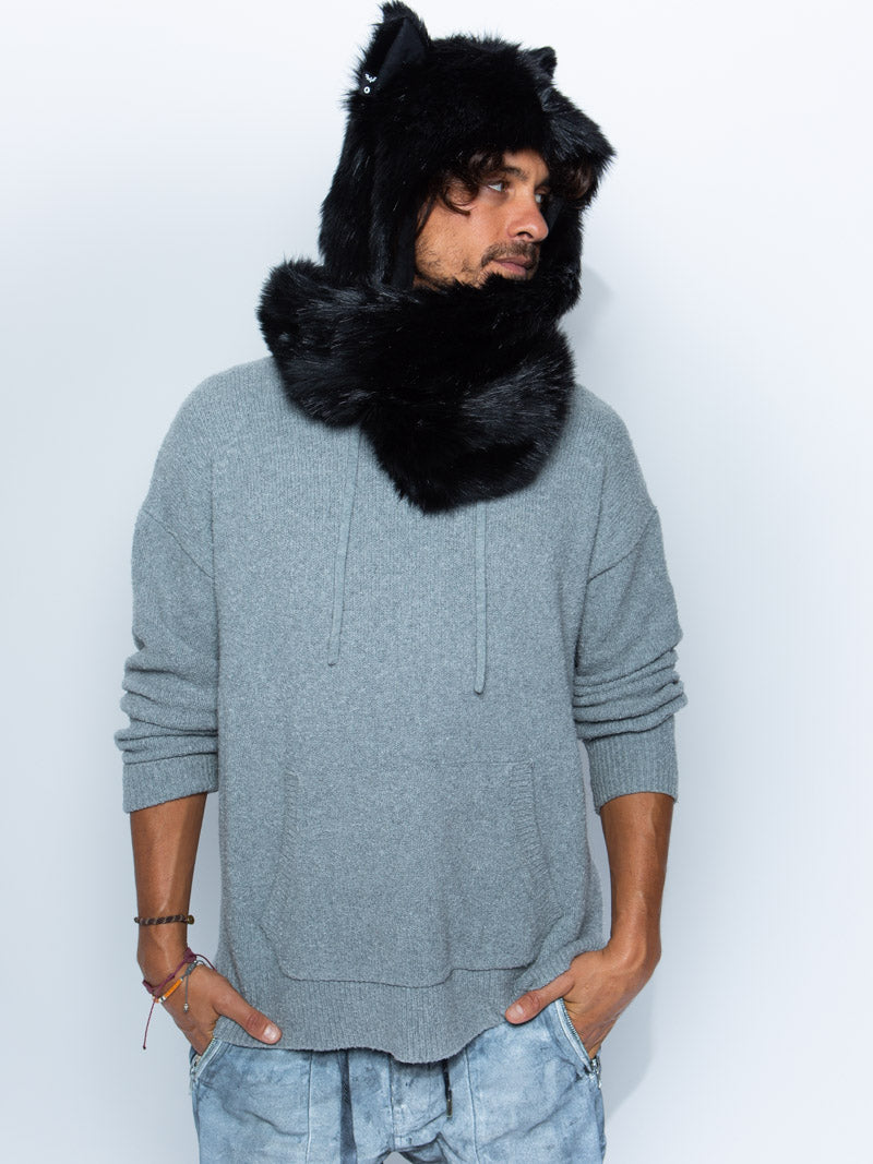 Man wearing faux fur Black Wolf Infinity Scarf SpiritHood, side view 2