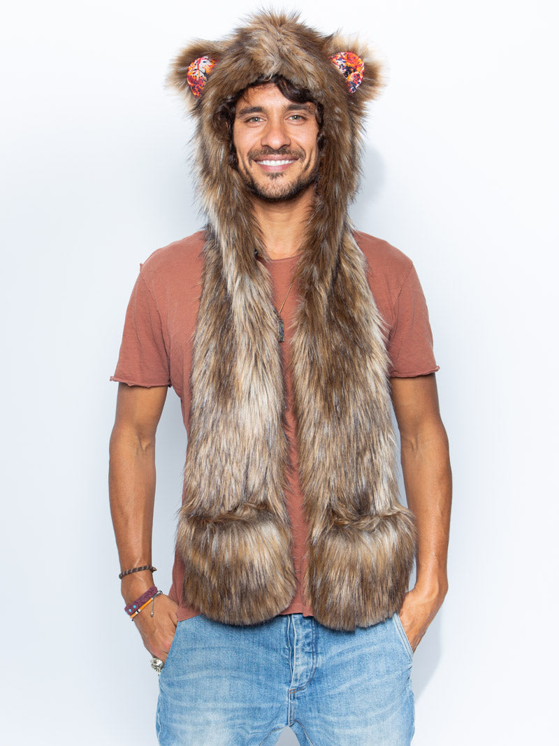 Man wearing faux fur Koyo Bear Collector Edition SpiritHood, front view 3