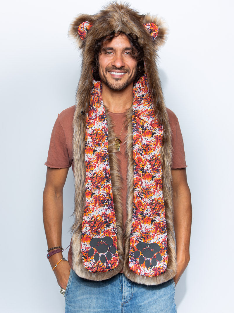 Man wearing faux fur Koyo Bear Collector Edition SpiritHood, front view