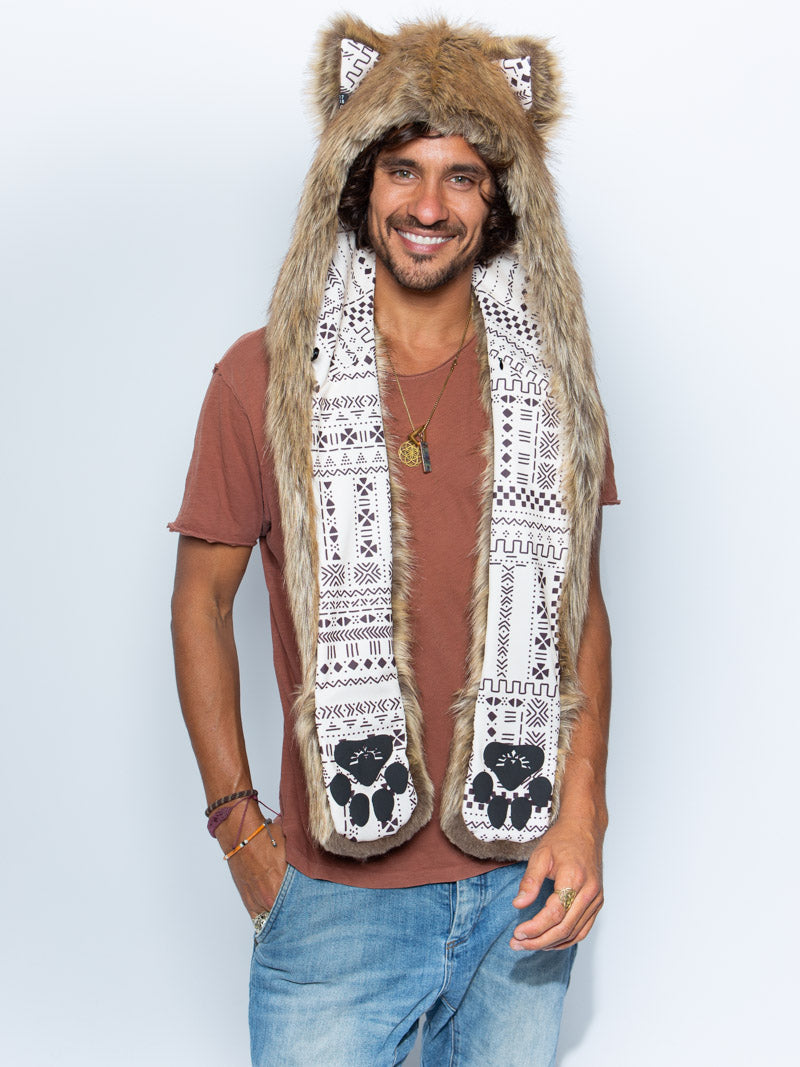 Man wearing faux fur Coyote Collector Edition SpiritHood, front view 3