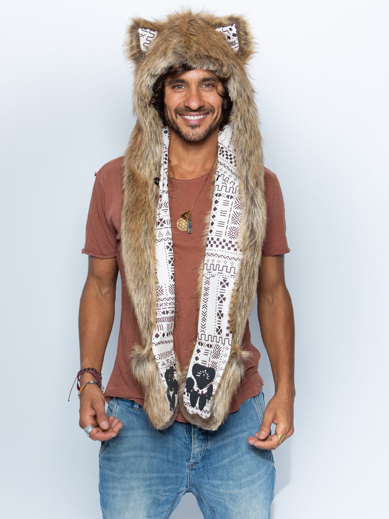 Man wearing faux fur Coyote Collector Edition SpiritHood, front view 1