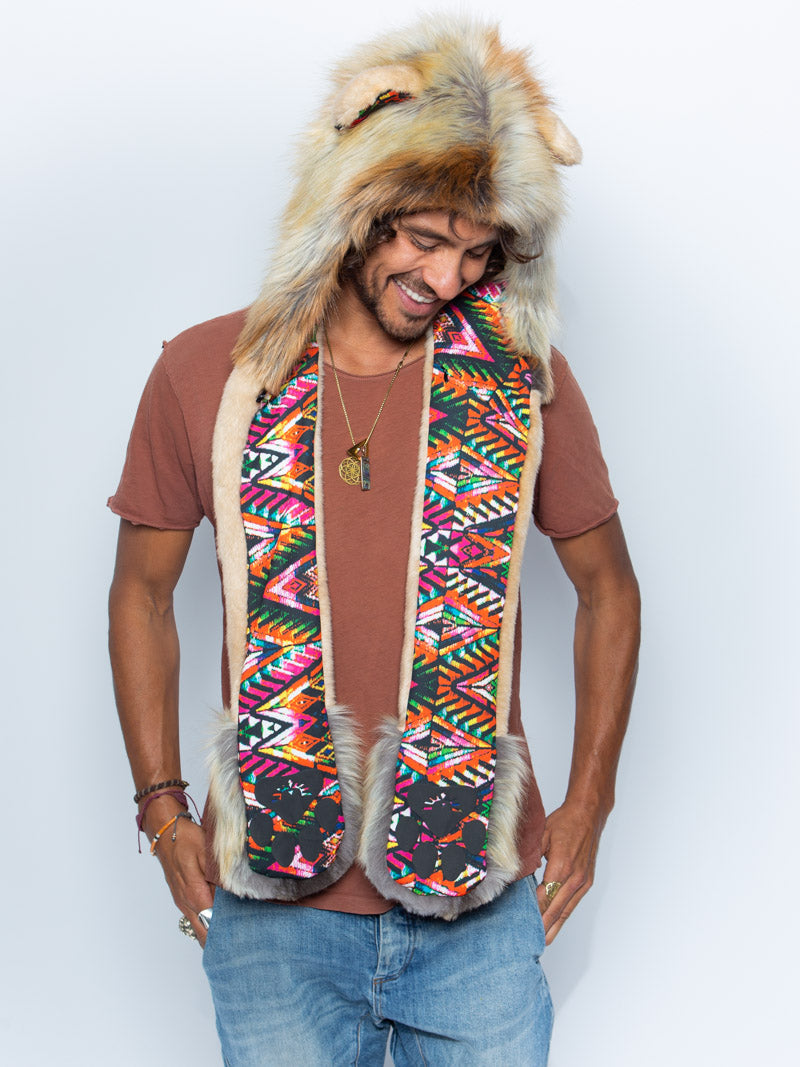Man wearing faux fur Collector Edition Rangoli Lion SpiritHood, front view 2