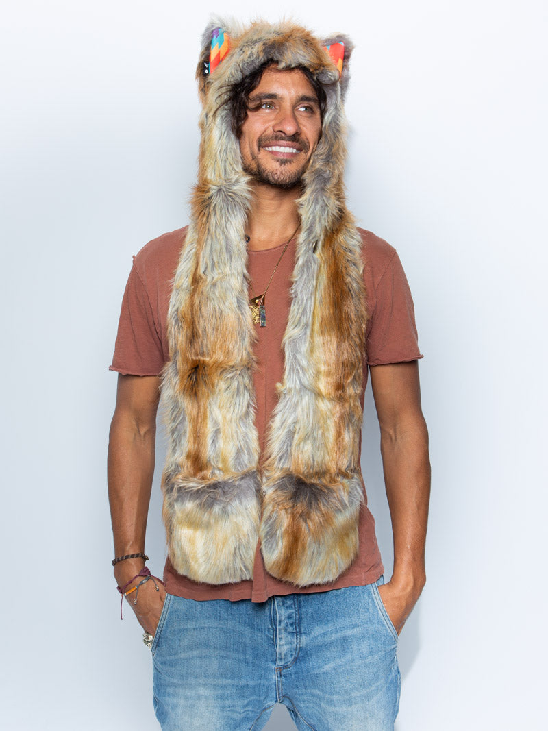 Man wearing faux fur Desert Sunrise Fox CE SpiritHood, front view 5
