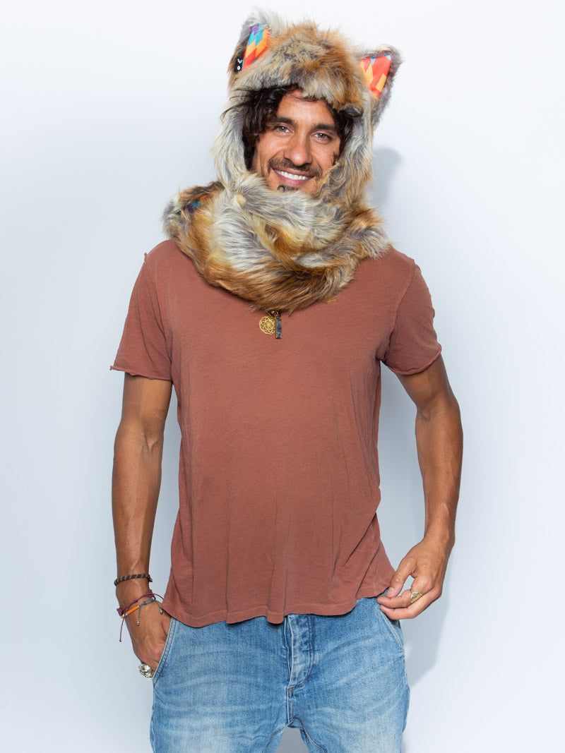 Man wearing faux fur Desert Sunrise Fox CE SpiritHood, front view 4